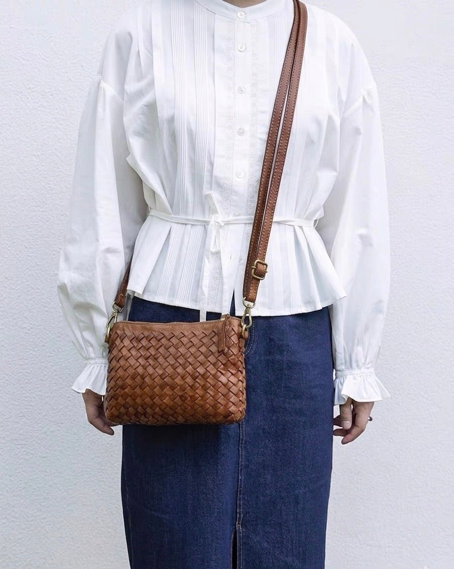 Norevia Mini Washed Cow Leather Woven Crossbody Bag - Leather Italiano