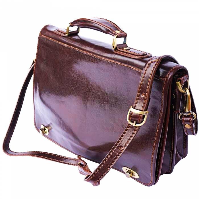 premium dark brown leather briefcase from above