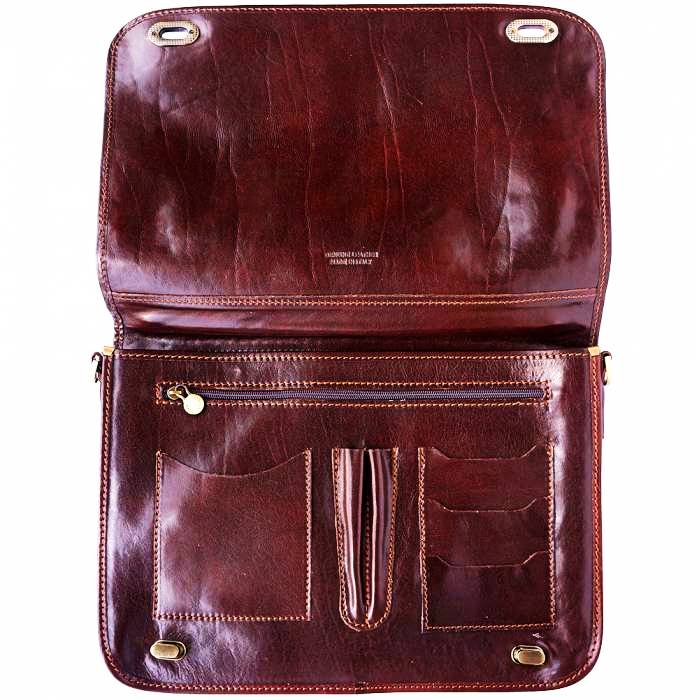premium dark brown leather briefcase showing interior compartments