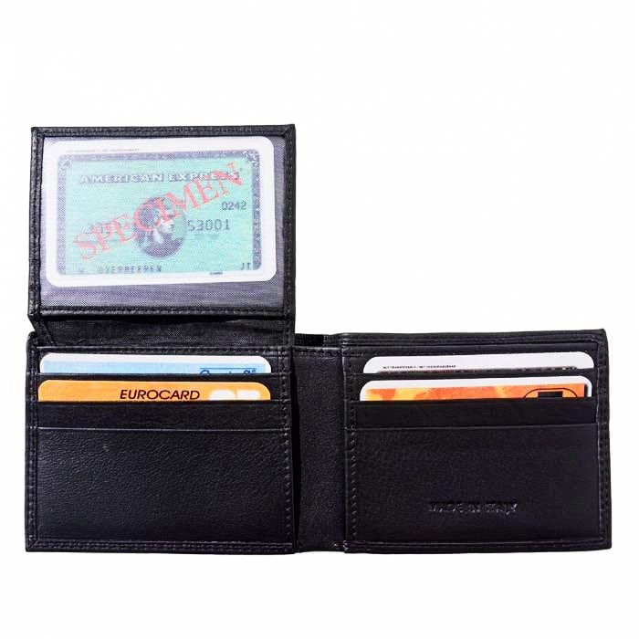 Interior view of Ravenna Mini Wallet in black leather for men with flap open