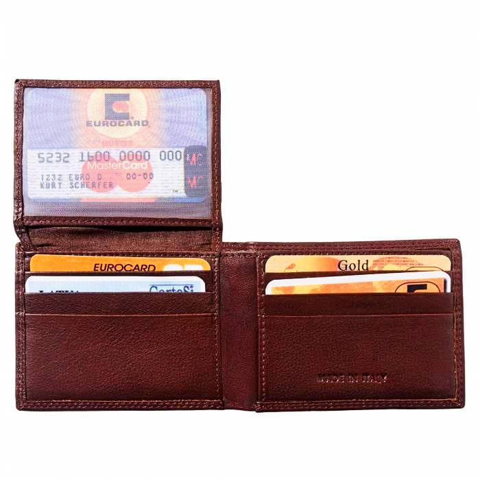 Interior view of Ravenna Mini Wallet in brown leather for men with flap open