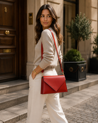 Woman in white outfit with red handbag walking on a street.