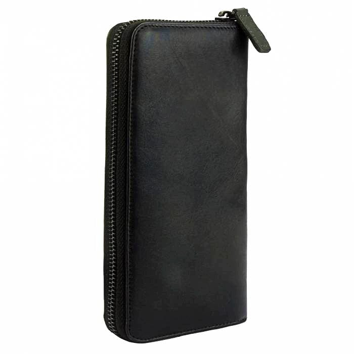 Upright view of Spello Long Black Leather Zipper Wallet