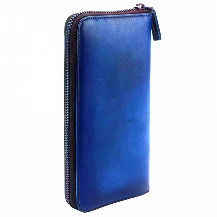 Upright view of the Spello Long Blue Leather Zipper Wallet