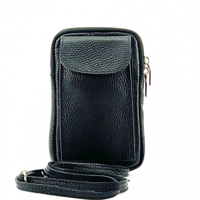 turin black leather phone case with strap and gold fittings