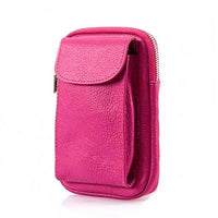 Angled view of Turin fuchsia leather phone case