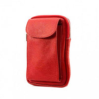 Angled view of turin light red leather phone case
