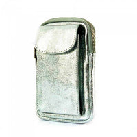 Angled view of turin silver leather phone case