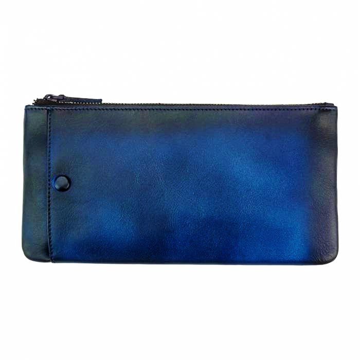 Back view of the blue leather phone case - snap button closure