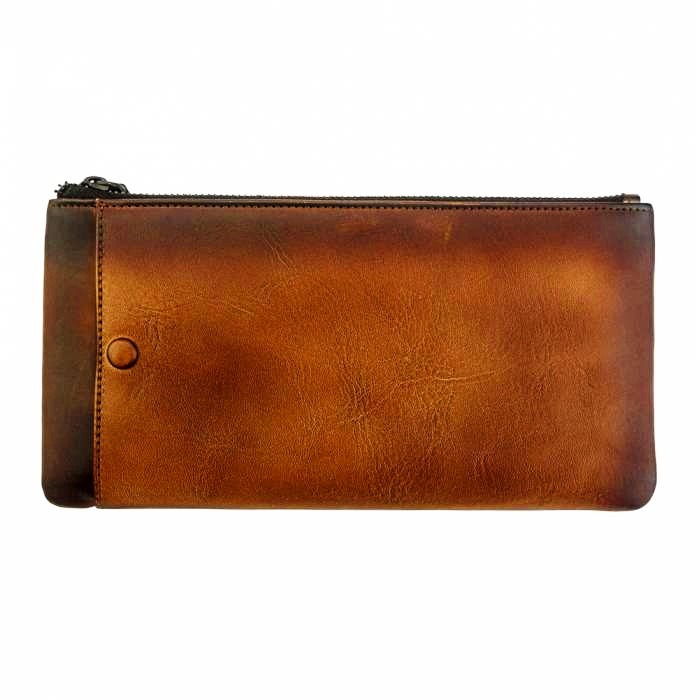 Back view of vintage brown leather phone case - snap button closure