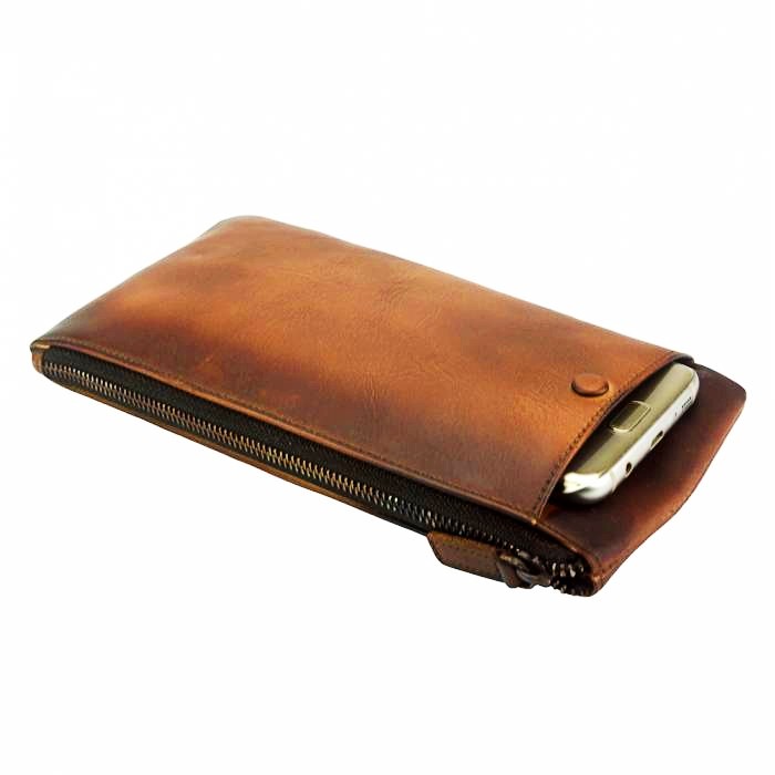 Vintage brown leather phone case - side view
