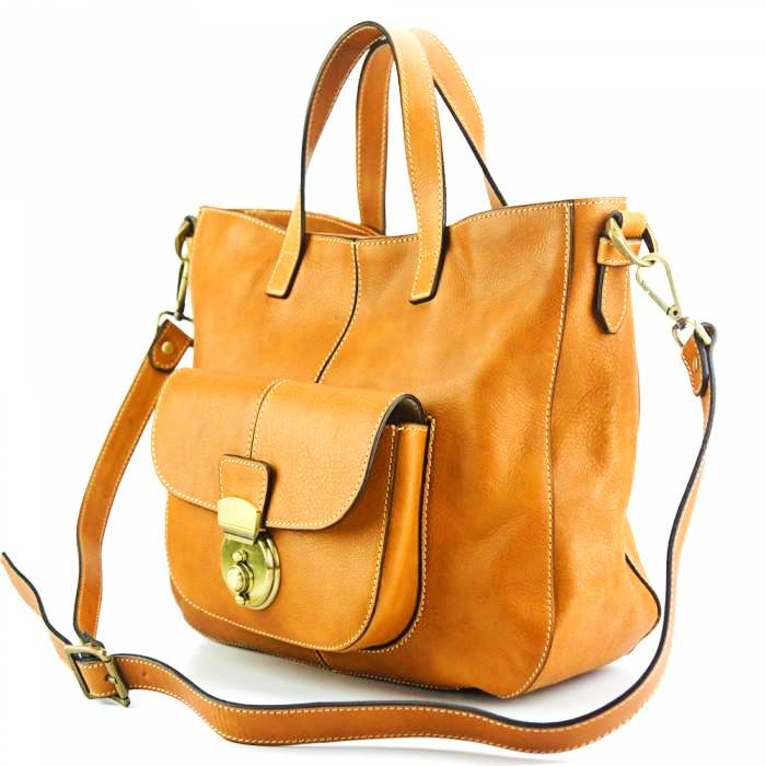 Angled view of Verona tan leather bag for men