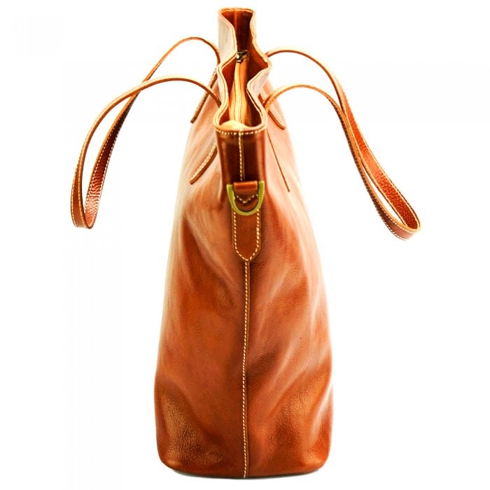 side view of vicenza womens large tan leather tote bag