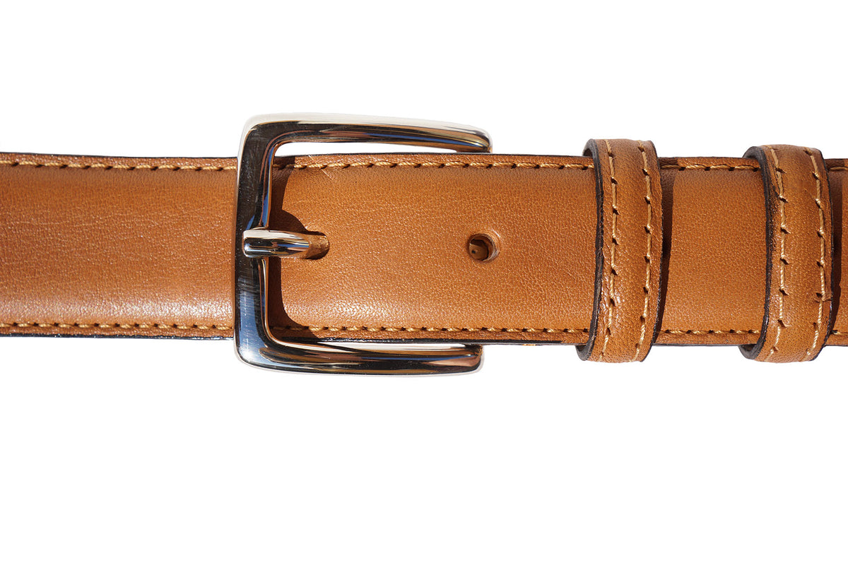 Double-Play Leather Belt in Tan. Italian calfskin, double-layered design & 3cm width. Available in multiple sizes. Italian made.
