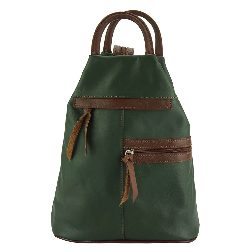 Front view of Sorbonne leather Backpack in green with brown trim