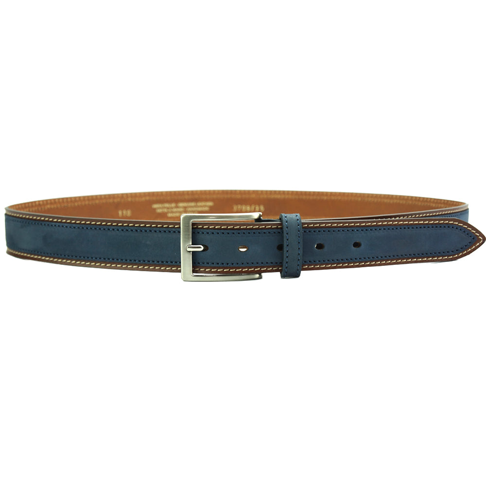 Italo Men’s leather belt in dark blue showing double stitching