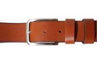 A detailed shot of the tan leather belt's stitching, emphasizing its expert craftsmanship and durability.