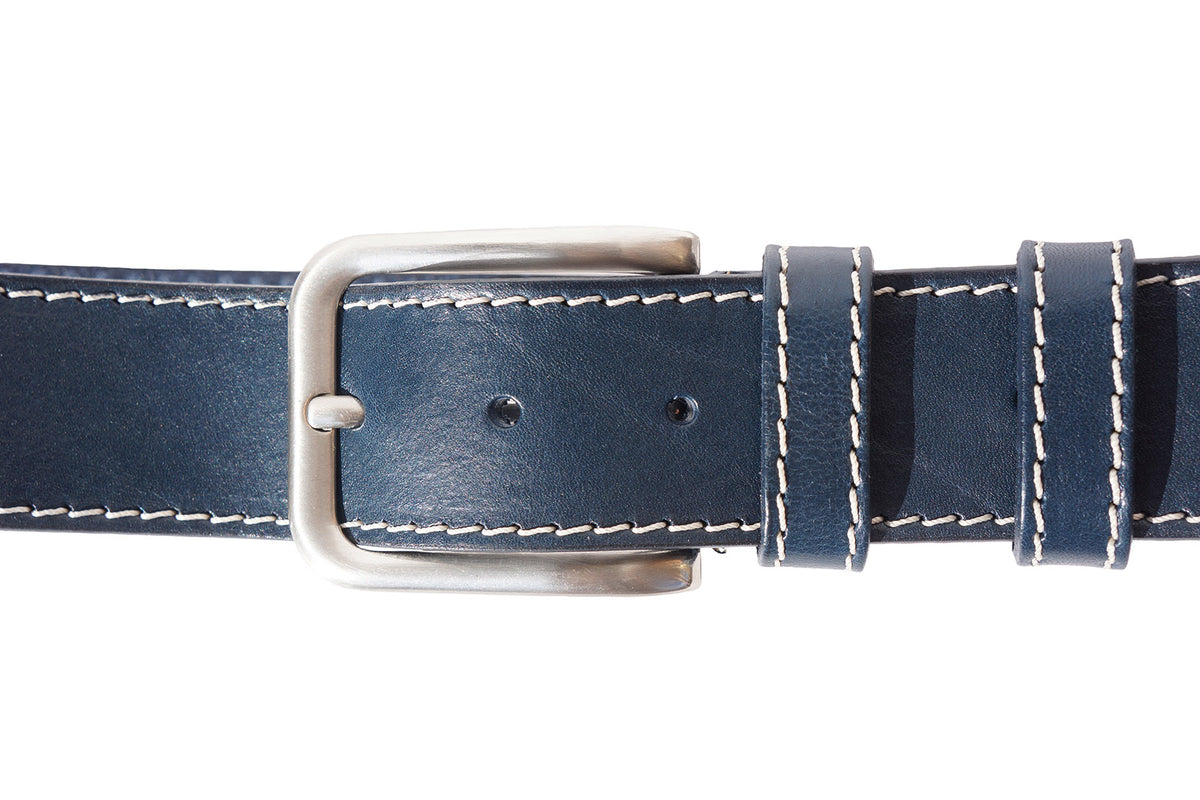 Dark Blue Leather belt with white stitching