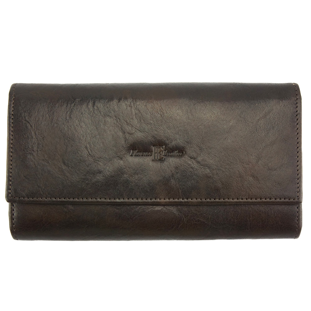 Durable dark brown leather wallet with button closure - Carlotta