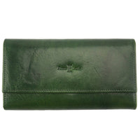 Front view of a green Italian leather wallet for women showing Florence Leather label