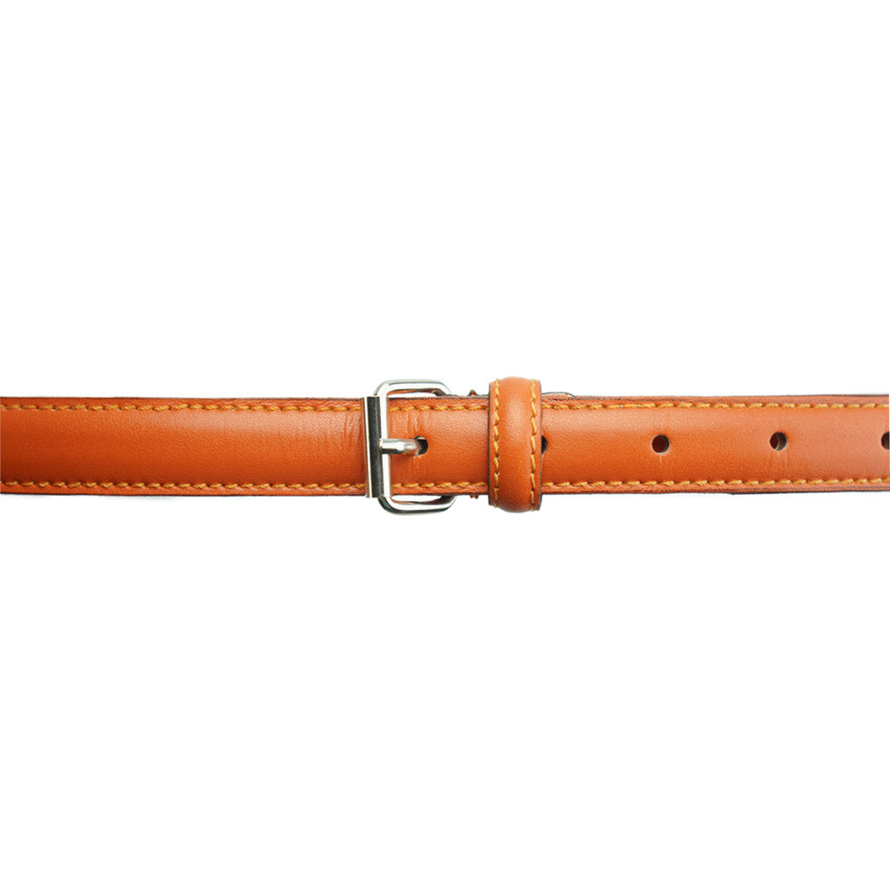 A sophisticated tan leather belt with a subtle buckle detail.