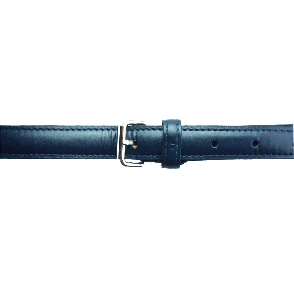 A classic navy leather belt with a polished buckle.