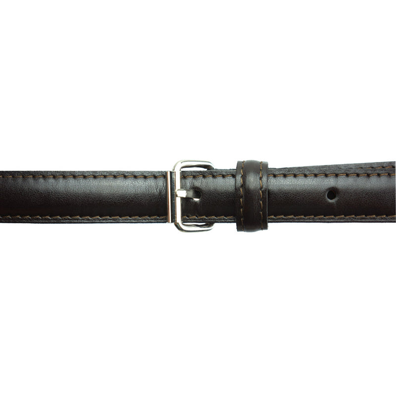 A timeless black leather belt with a polished buckle.