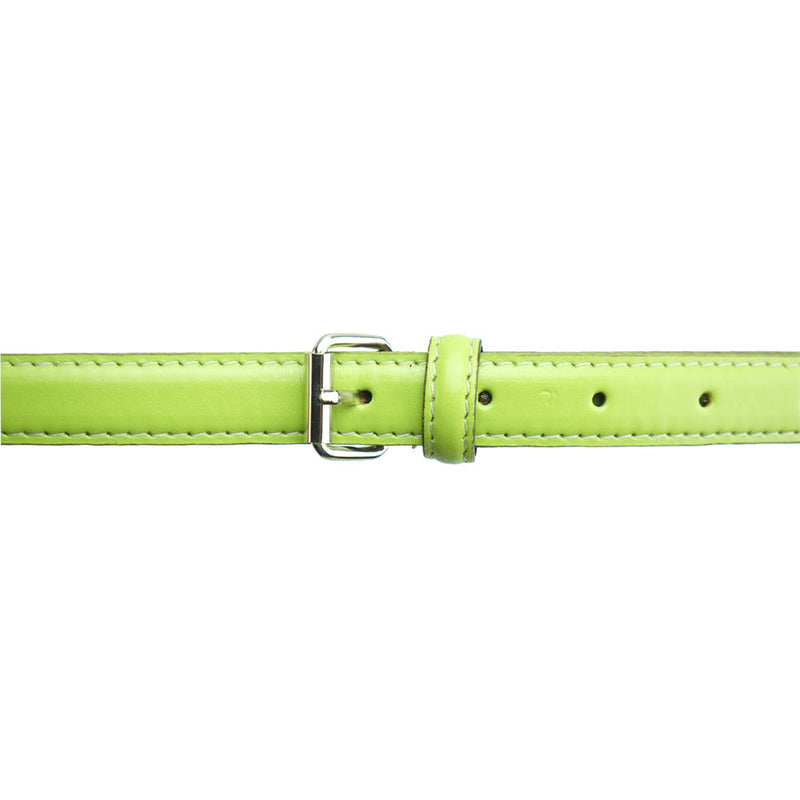 A rugged lime green leather belt with a rustic buckle detail.
