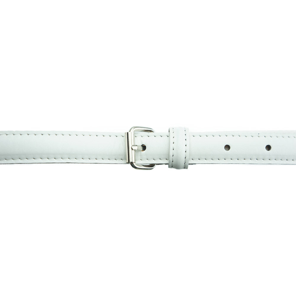 A crisp white leather belt with a modern buckle design.