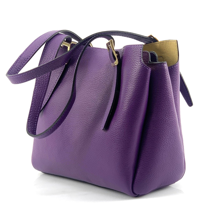 Angled view of Alyssa leather shopping bag in purple