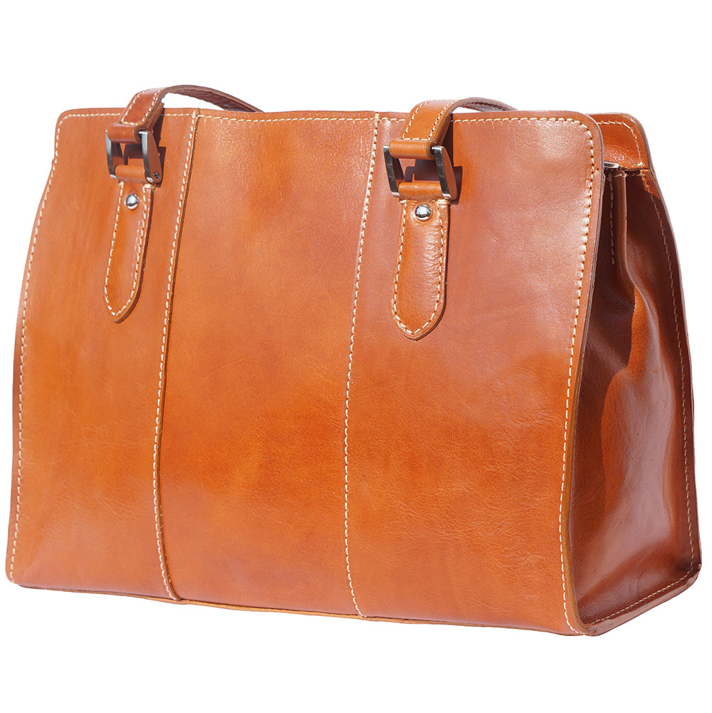 Verdiana tan leather shoulder bag with 2 buckles