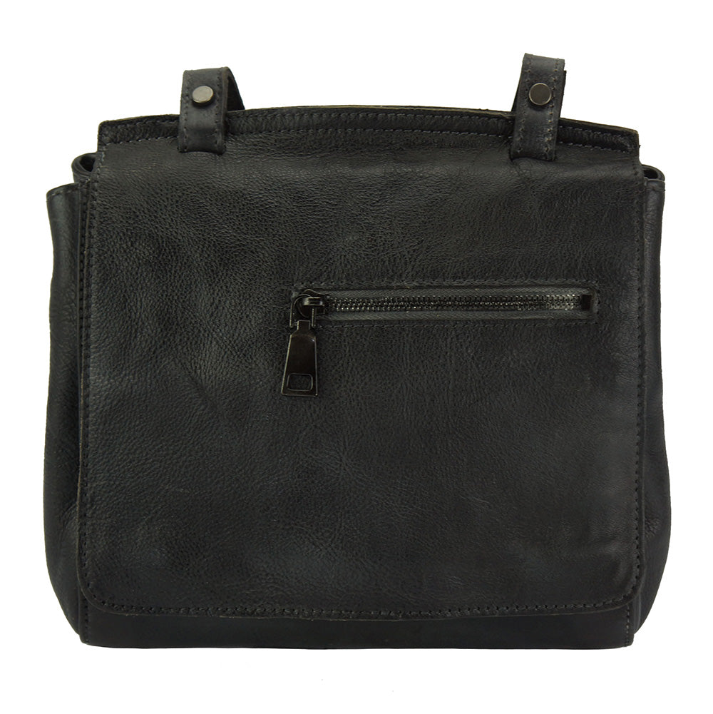Front view of Black Leather Work Bag with exterior zip pocket - Livio