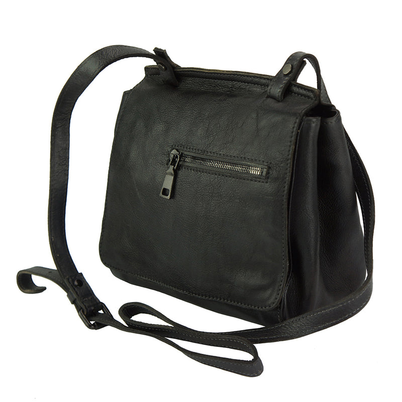 Angled view of Black Leather Work Bag showing shoulder strap and exterior zip pocket