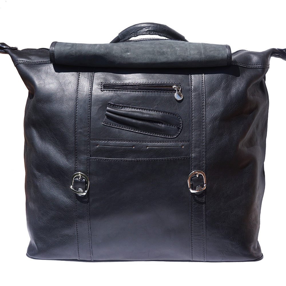Black Weekender Leather Travel bag with zip and double silver buckle