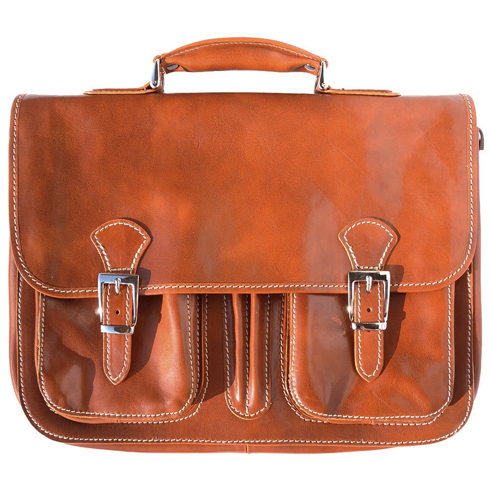 Leather briefcase with two compartments in tan