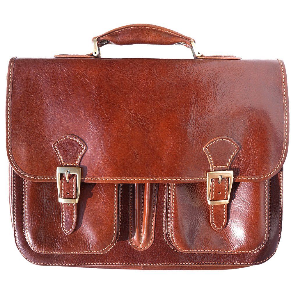 Leather briefcase with two compartments in brown