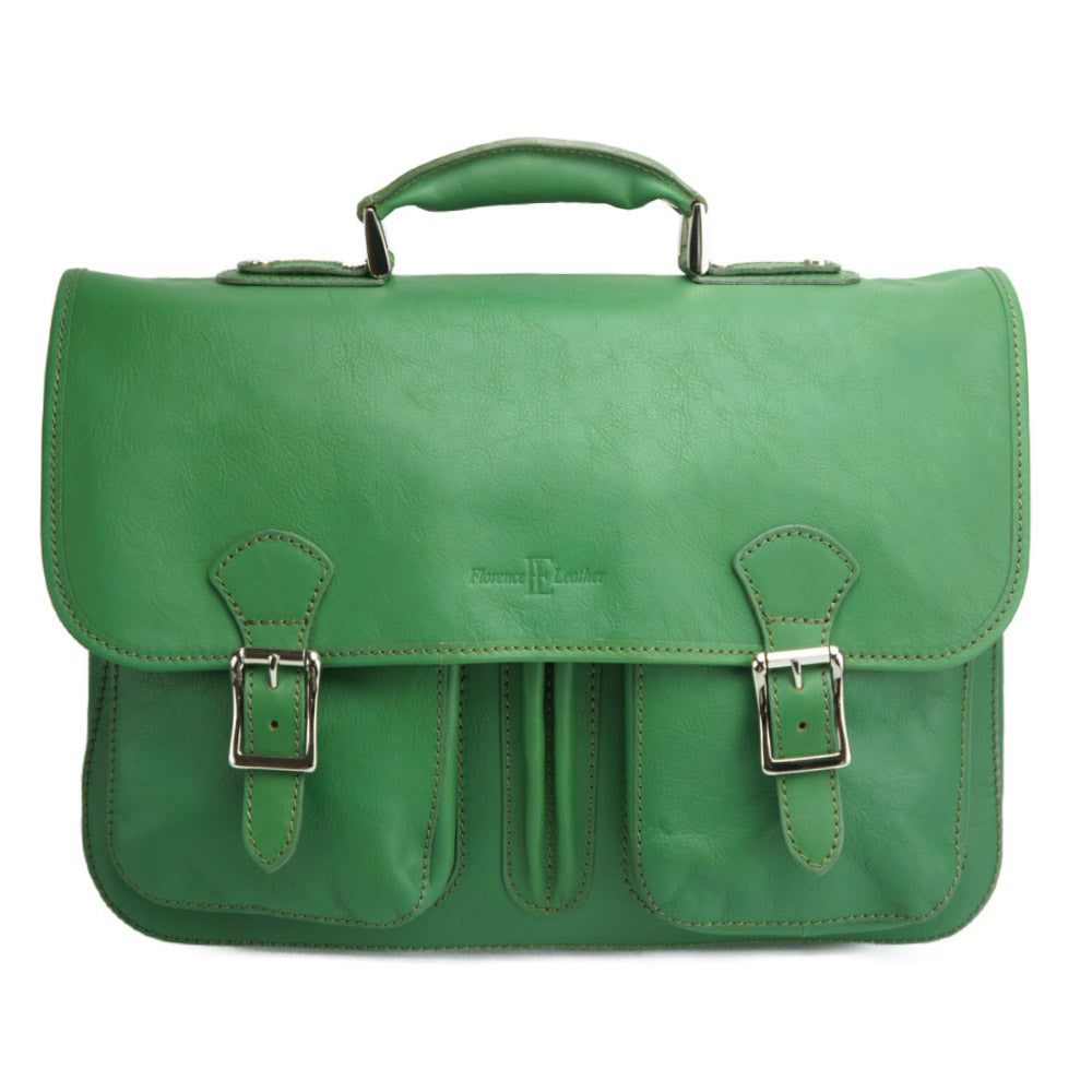 Leather briefcase with two compartments in green