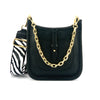 Genuine Leather Bag made in Italy - black with gold chain and striped shoulder strap