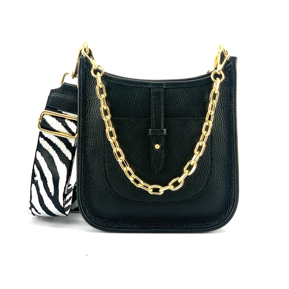 Genuine Leather Bag made in Italy - black with gold chain and striped shoulder strap