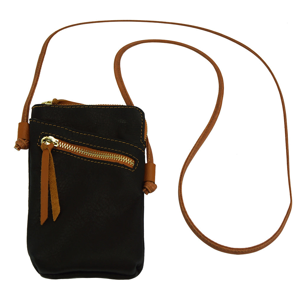 Front view of Adriana Cross-body leather phone bag in black