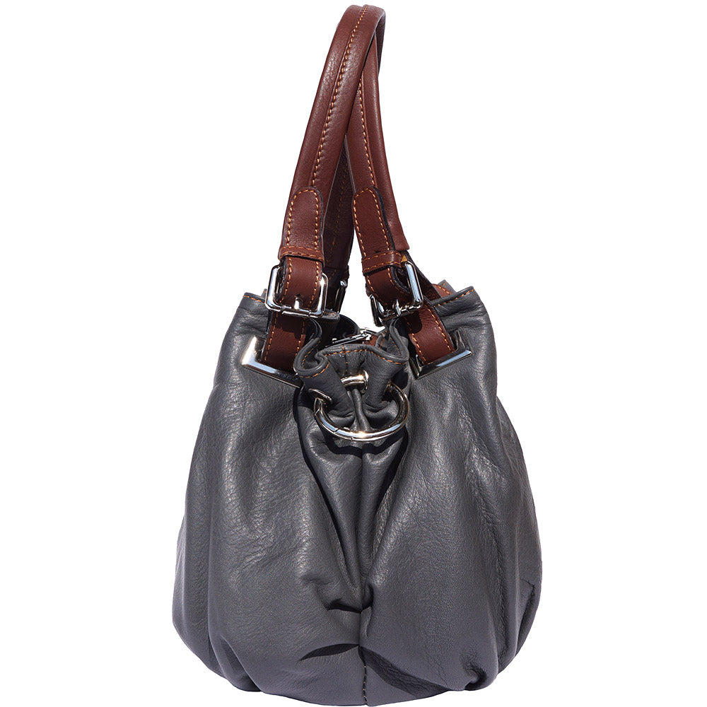 Side view of the grey Valentina leather handbag