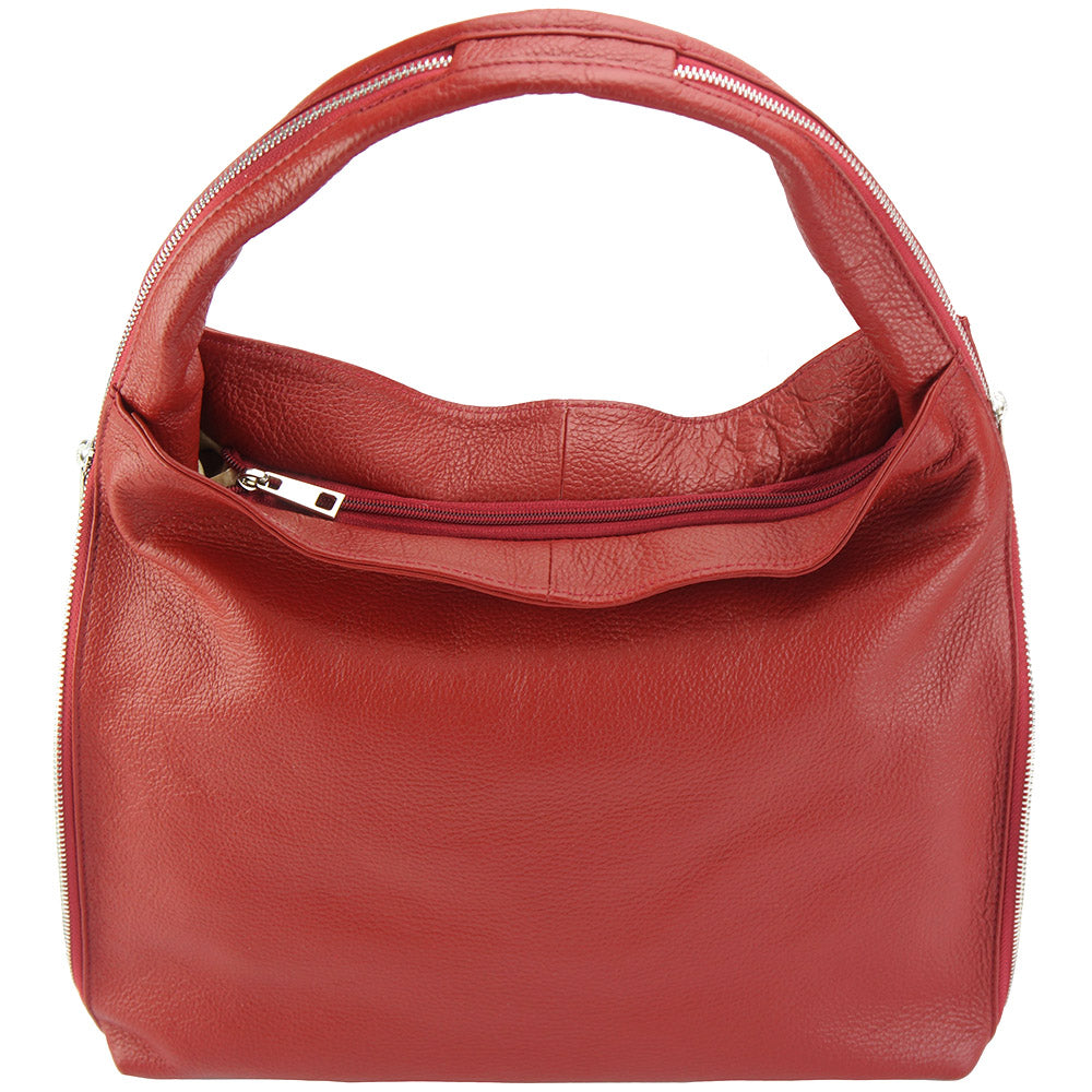 Carmen Leather Shoulder Bag. Lightweight Italian leather, spacious interior, secure zip closure & comfortable handles. Silver hardware.