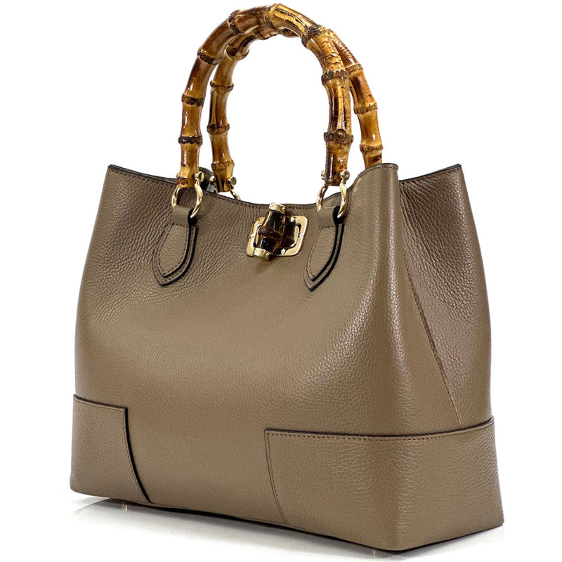 Angled view of Fabrizia Tuscany Leather Handbag in taupe