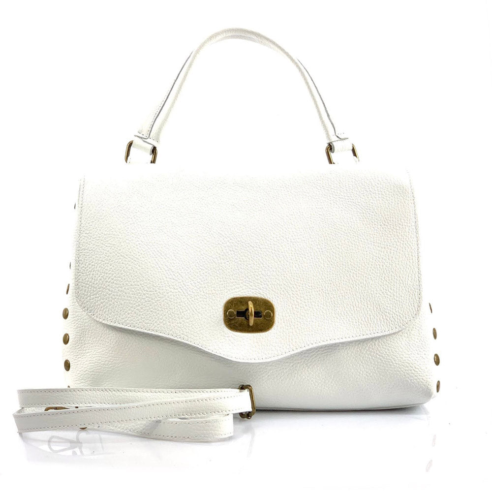 Rossella: White Italian Leather Tote Bag with Detachable Strap