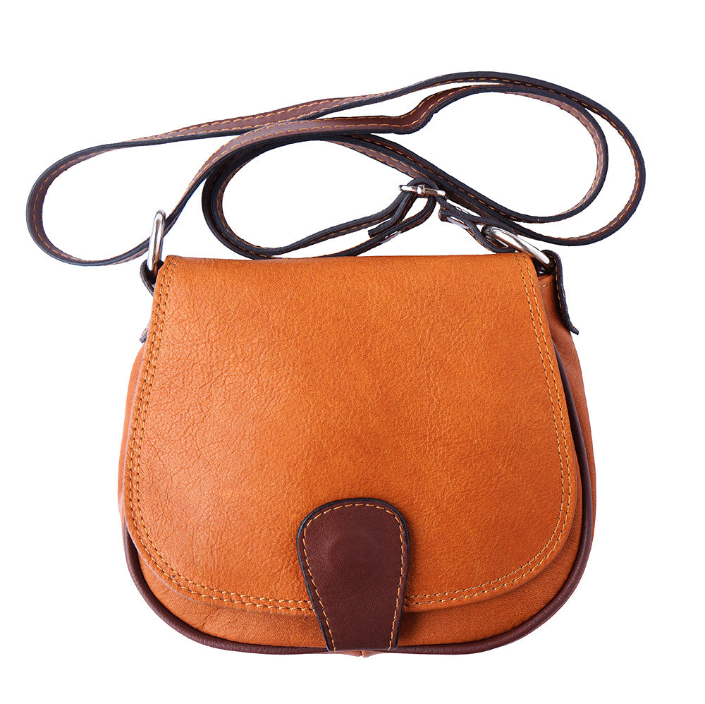 Tan Bibiana Leather Crossbody Bag. Soft leather, compact size, versatile carrying options & secure closure.