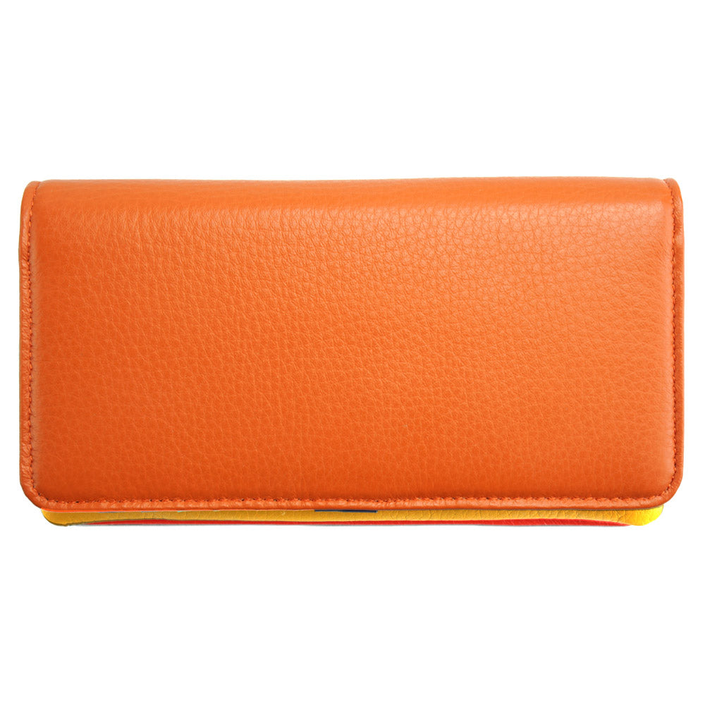 Rosalinda soft calf leather wallet in orange. 10 card slots, spacious interior & multiple compartments.
