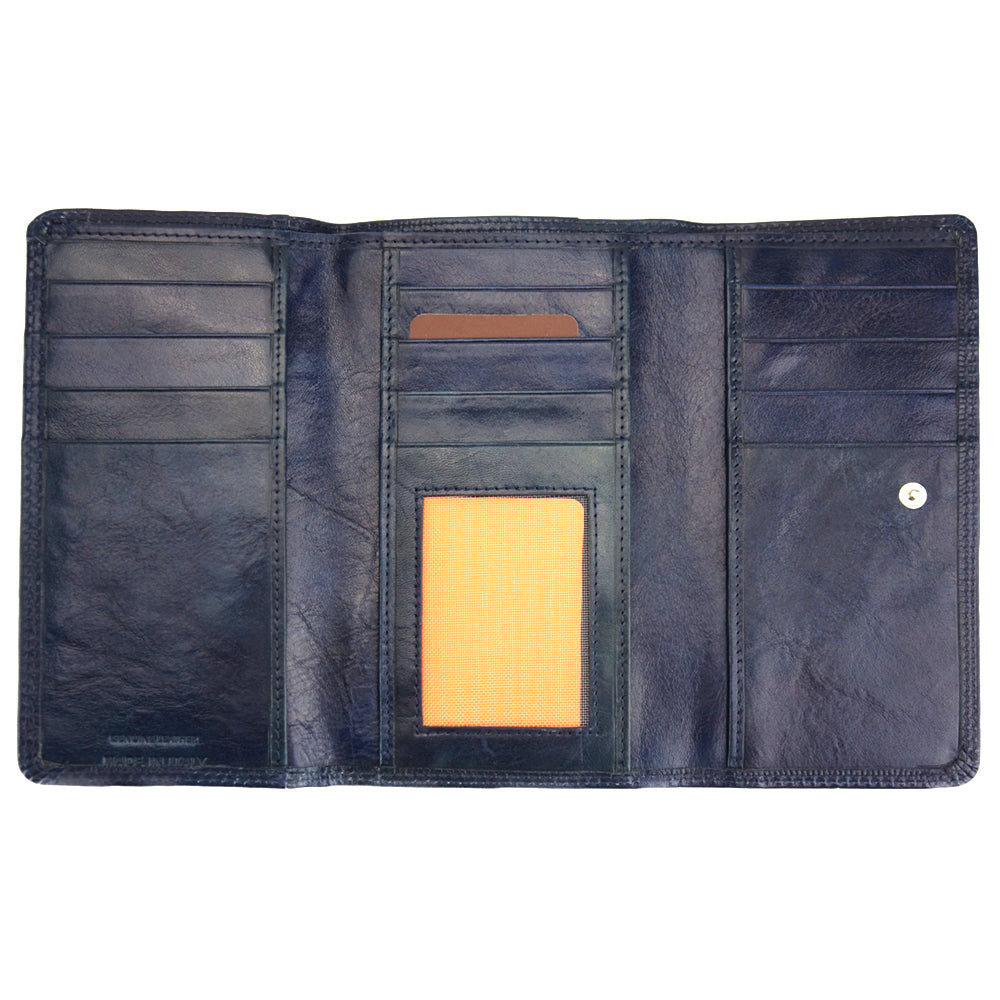 Open Aurora V wallet displaying the spacious interior with compartments for cards, bills, coins, etc.