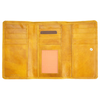 Aurora V Leather Wallet in a vibrant color, showcasing the calfskin leather and scratched vintage effect.