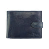 Front view of the Martino V leather wallet in blue showing button closure