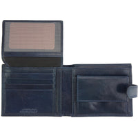 Martino V leather wallet in blue showing slots for cards and id comaprtment